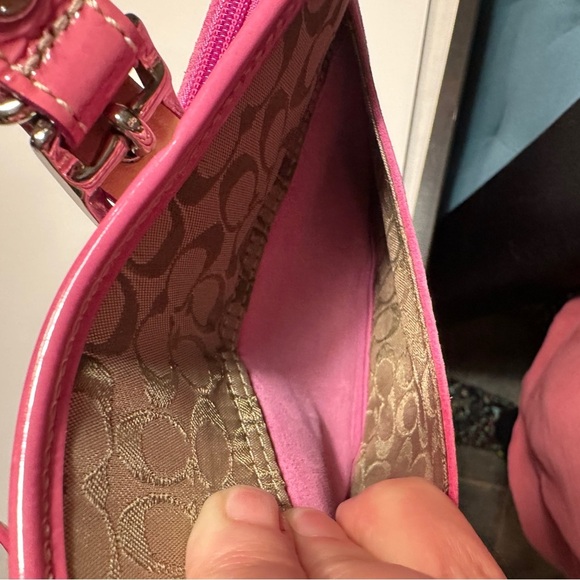 Cute pink suede Coach wristlet; has tag. Classic Coach lined interior. - Picture 7 of 11